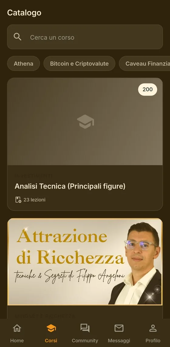 Il catalogo dei corsi nell’app 21Million Academy
